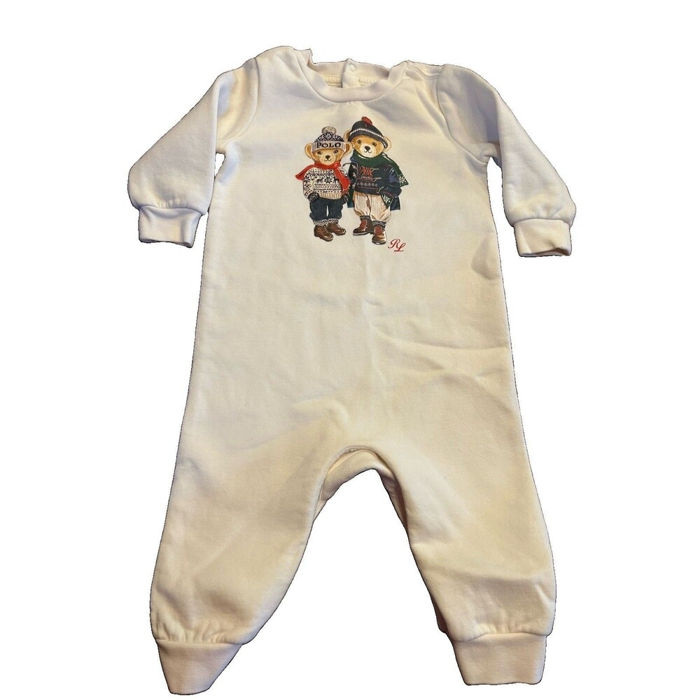 $99 Ralph Lauren Polo Signature Teddy Bear Sleeper Unisex Baby Sz 6 Months White